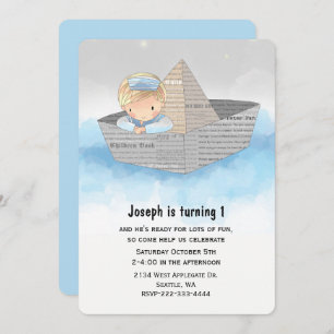 Boy in Boat Babys First Birthday Invitation