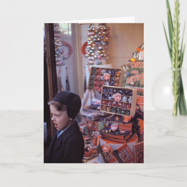 Boy in front of early 1940s Christmas Display Holiday Card (Front)
