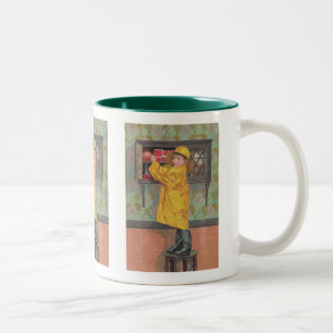 Boy in Raincoat Two-Tone Coffee Mug