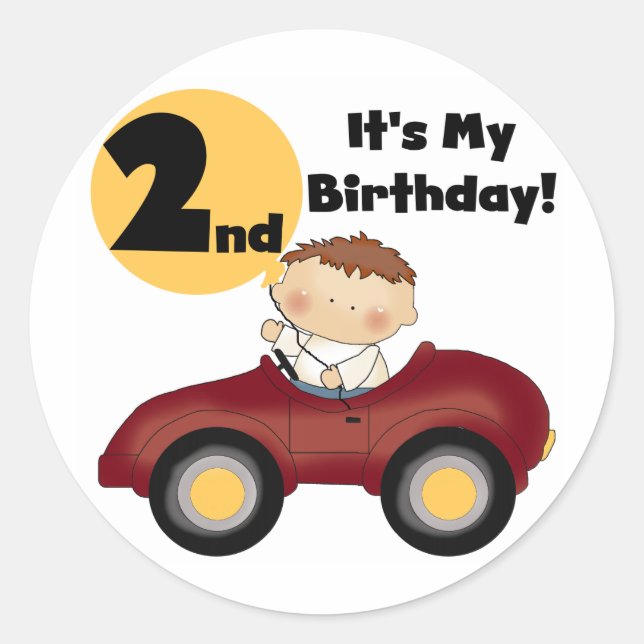 Boy in Red Car 2nd Birthday Tshirts and Gifts Classic Round Sticker (Front)