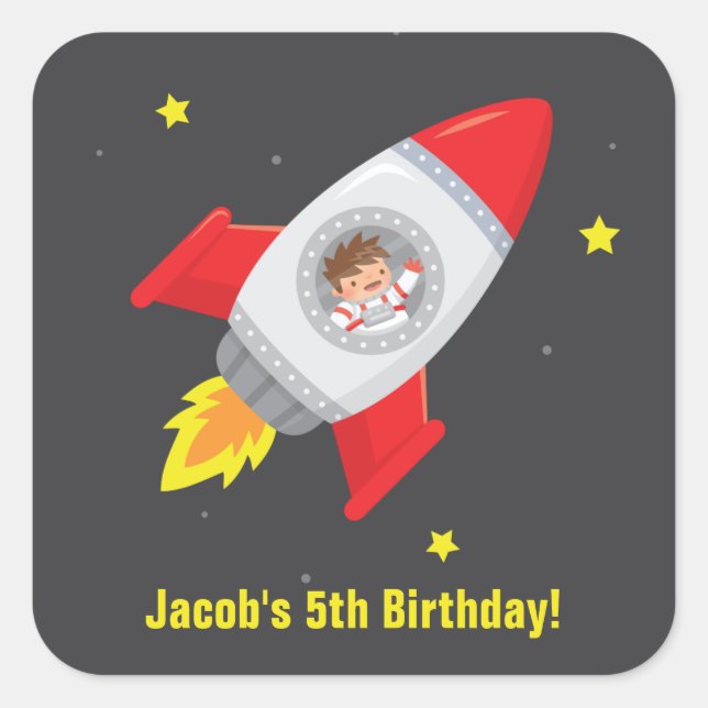 Boy in Rocket Ship Space Birthday Party Stickers (Front)