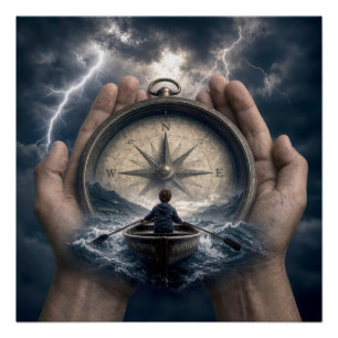 Boy in Rowboat Guided by a Compass Poster