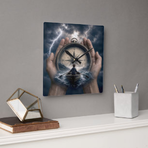 Boy in Rowboat Guided by a Compass Square Wall Clock