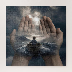 Boy in Rowboat Guided by Adult Hands Jigsaw Puzzle