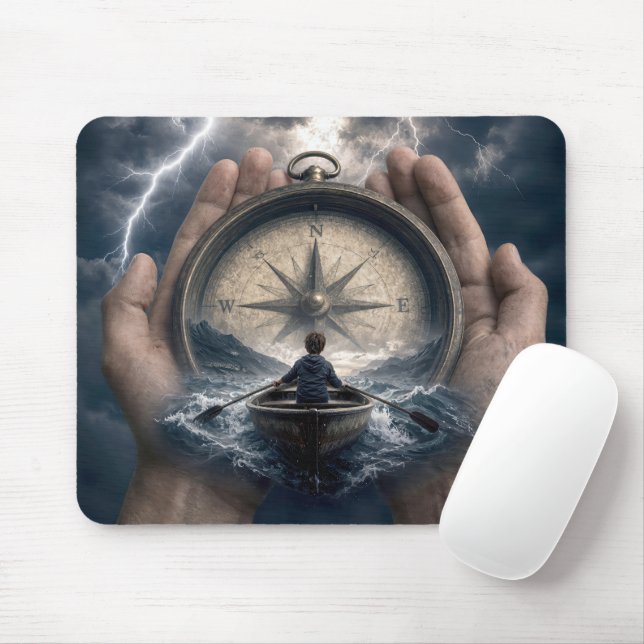 Boy in Rowboat Guided by Compass Mouse Mat (With Mouse)