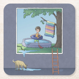 Boy in the kiddie pool Square Paper Coaster