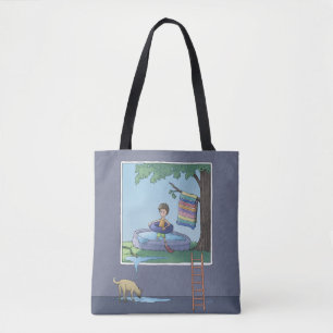 Boy in the kiddie pool tote bag