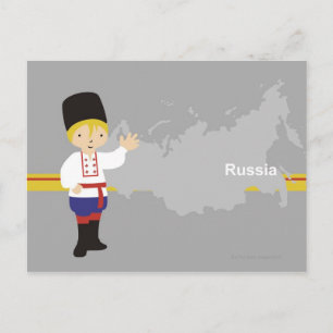 Boy in traditional Russian clothing in front of Postcard