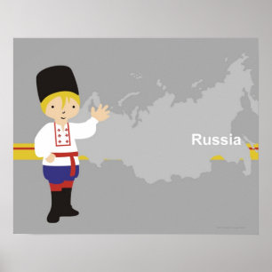 Boy in traditional Russian clothing in front of Poster