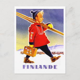Boy is going to ski in Finland for winter holidays Postcard