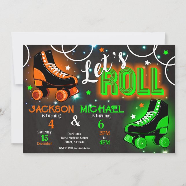 Boy Joint Roller Skating Birthday Party Neon Glow Invitation (Front)