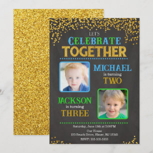 Boy Joint Siblings Birthday Party Photo  Invitation