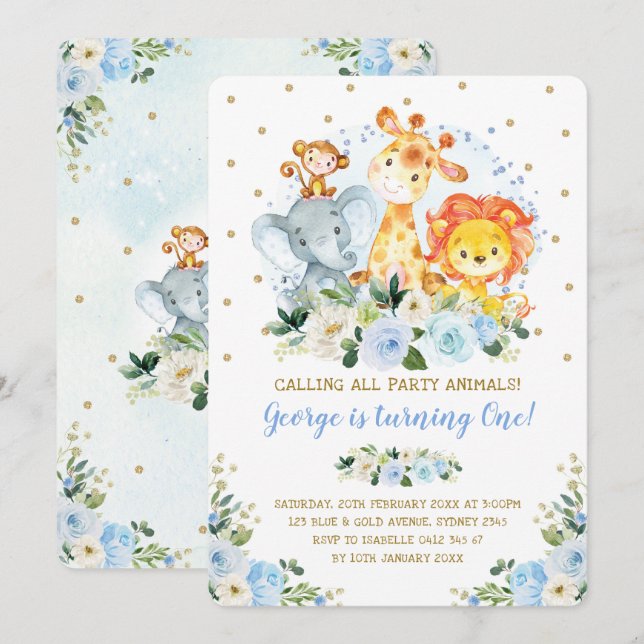 Boy Jungle Safari Blue Floral Wild One Birthday Invitation (Front/Back)