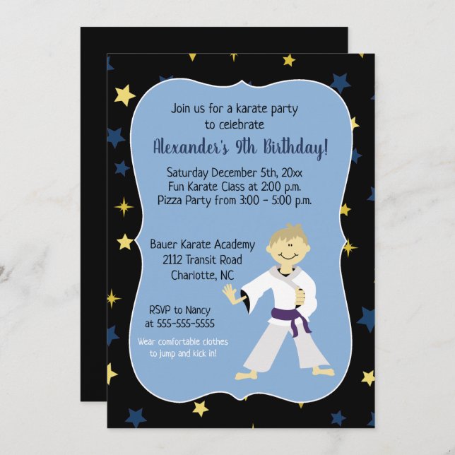 Boy Karate Birthday Invitations Purple Belt (Front/Back)