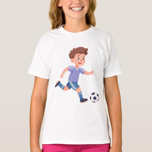Boy Kicking Soccer Ball – Kids Soccer Art Design T-Shirt (Front)