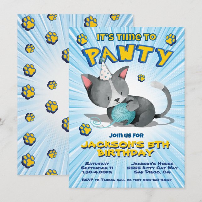 Boy Kitty Cat Birthday Pawty Party Invitation (Front/Back)