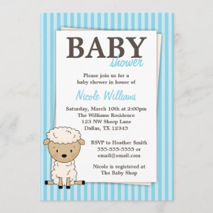 Boy Lamb Baby Shower Blue Stripe Invitations
