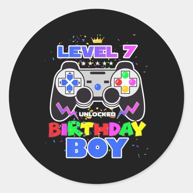Boy Level 7 Unlocked Video Game 7th Birthday Gamer Classic Round Sticker (Front)