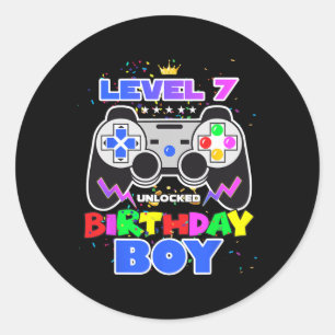 Boy Level 7 Unlocked Video Game 7th Birthday Gamer Classic Round Sticker