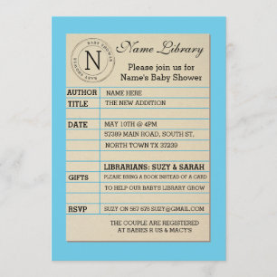 Boy Library Card Baby Shower Blue Invitation