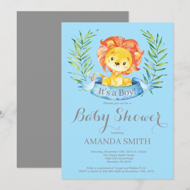 Boy Lion Baby Shower Invitation Blue and Gray (Front/Back)