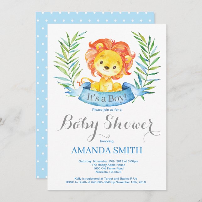 Boy Lion Baby Shower Invitation Blue and Grey (Front/Back)