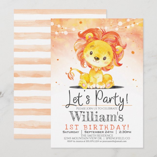Boy Lion Birthday Party Orange Invitation (Front/Back)