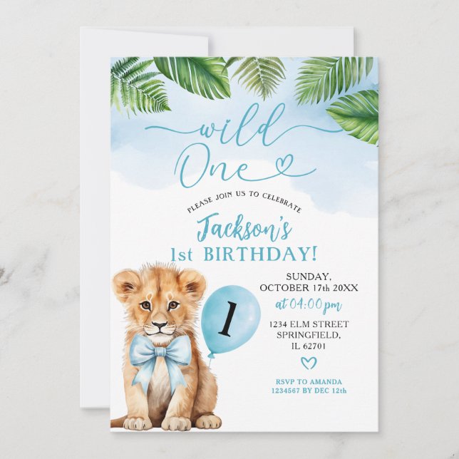 Boy Lion with Blue Bow Safari Wild One Birthday Invitation (Front)