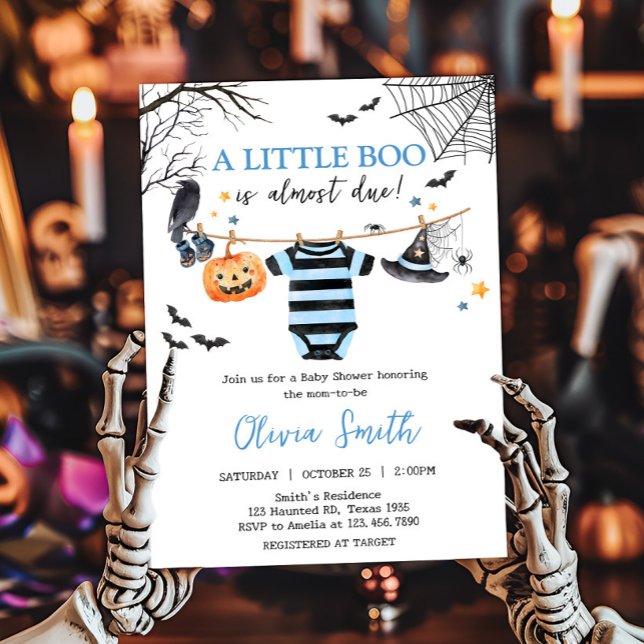 Boy Little Boo Halloween Pumpkin Baby Shower Invitation (Boy Little Boo Halloween Pumpkin Baby Clothesline Baby Shower Invitation)