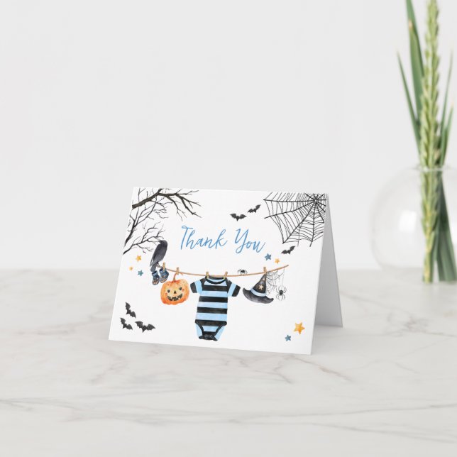 Boy Little Boo Halloween Pumpkin Baby Shower Thank You Card (Front)