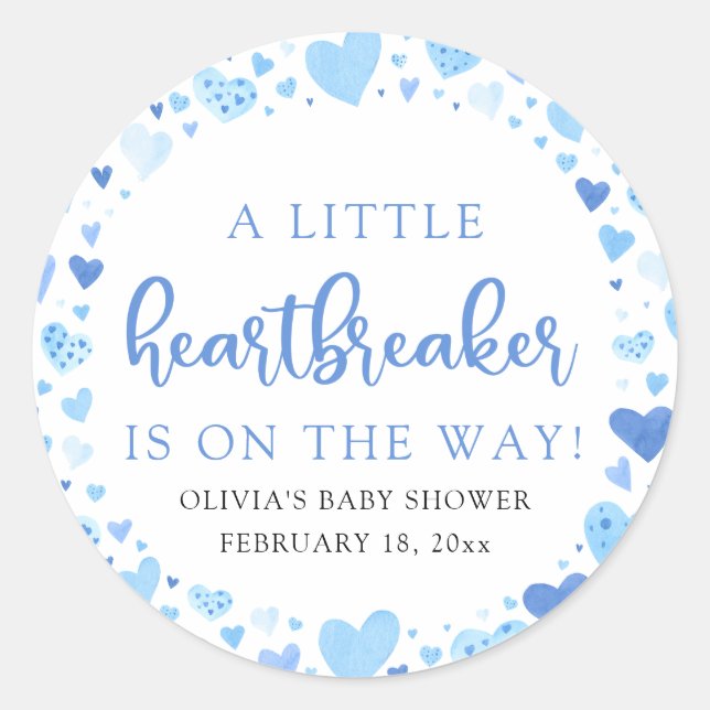 Boy Little Heartbreaker Blue Valentine Baby Shower Classic Round Sticker (Front)