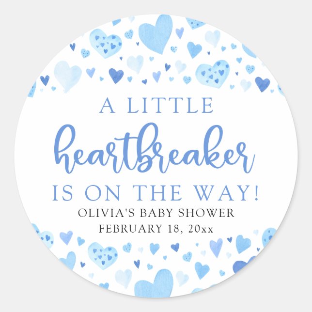 Boy Little Heartbreaker Blue Valentine Baby Shower Classic Round Sticker (Front)