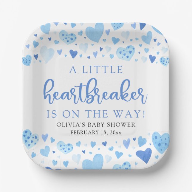 Boy Little Heartbreaker Blue Valentine Baby Shower Paper Plate (Front)