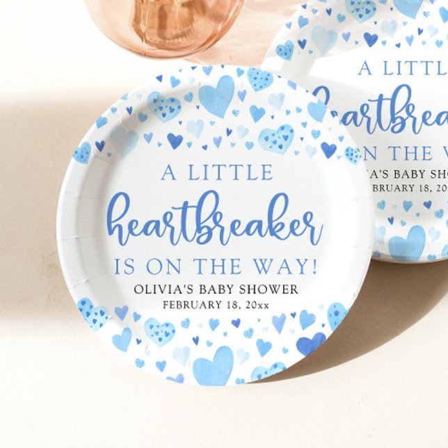 Boy Little Heartbreaker Blue Valentine Baby Shower Paper Plate (Creator Uploaded)