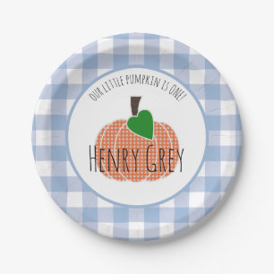 Boy Little Pumpkin Blue Plaid First 1st Birthday Paper Plate