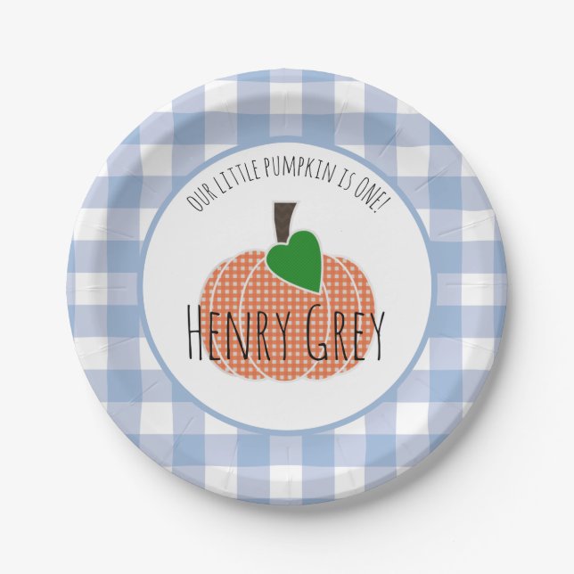 Boy Little Pumpkin Blue Plaid First 1st Birthday Paper Plate (Front)