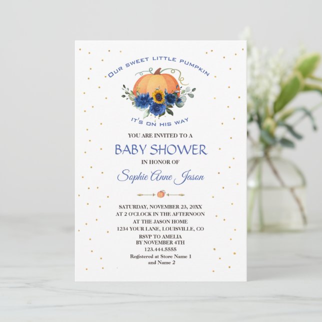 Boy Little Pumpkin Floral Thanksgiving Baby Shower Invitation (Standing Front)
