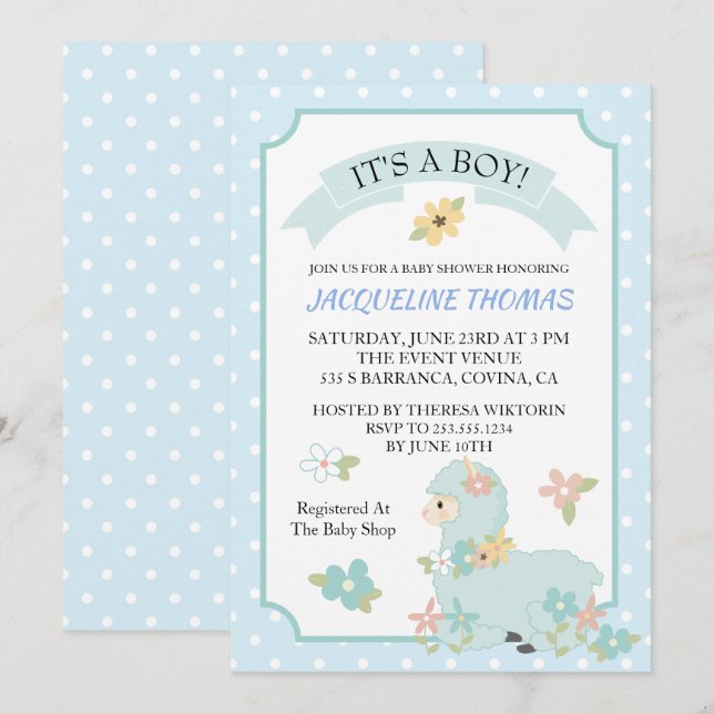 Boy Llama Baby Shower Invitation (Front/Back)