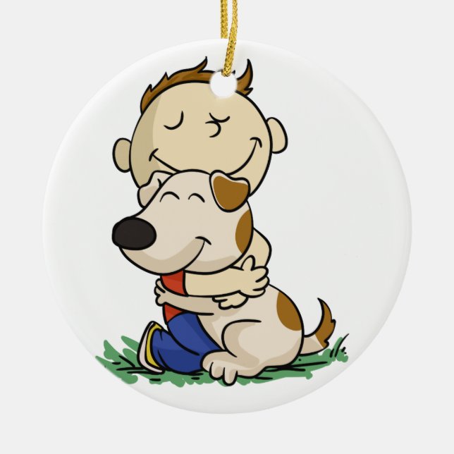 Boy lovingly hugging his dog | choose back colour ceramic tree decoration (Front)