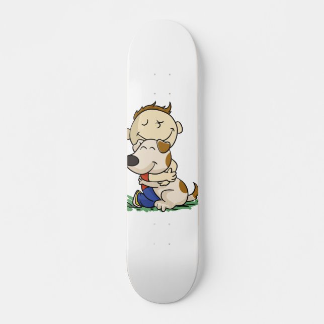 Boy lovingly hugging his dog | choose back colour skateboard (Front)