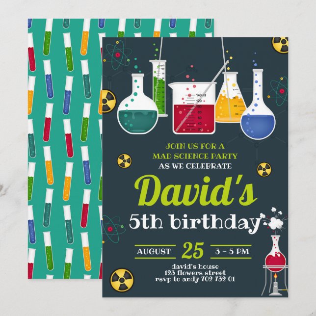 Boy Mad Scientist Caution Birthday Party Invitation (Front/Back)