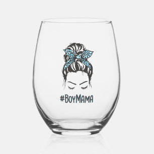 Boy Mama Messy Bun Boy Mum Gifts Stemless Wine Glass
