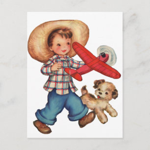 Boy Model Plane and Puppy Postcard