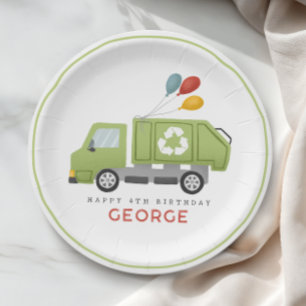 Boy Modern Green Garbage Trash Truck Kids Birthday Paper Plate