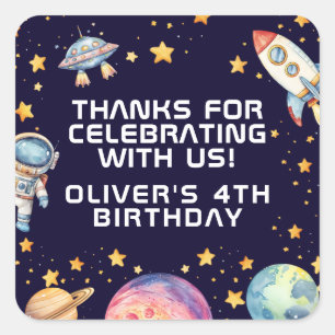 Boy Modern Space Rocket Ship Birthday Party Favour Square Sticker