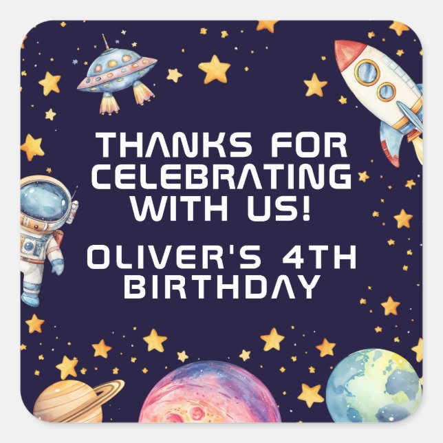 Boy Modern Space Rocket Ship Birthday Party Favour Square Sticker (Front)