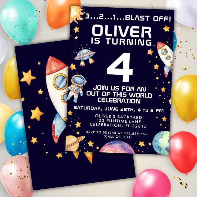 Boy Modern Space Rocket Ship Birthday Party Invitation (Creator Uploaded)
