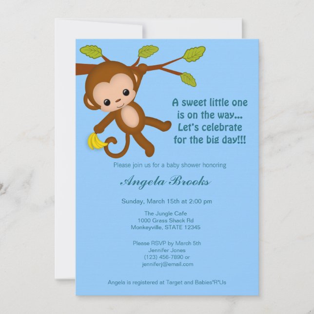 Boy Monkey Baby Shower Invitations BLUE MM2 (Front)