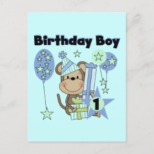 Boy Monkey With Gifts 1st Birthday Postcard