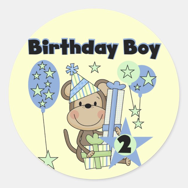 Boy Monkey With Gifts 2nd Birthday Tshirts Classic Round Sticker (Front)